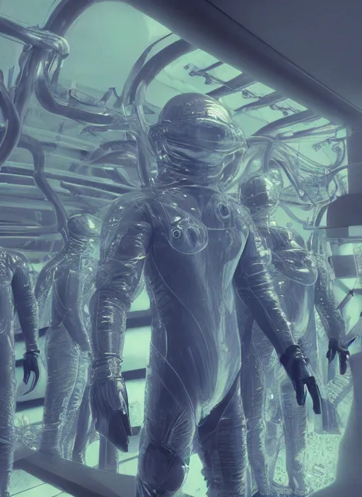 Prompt: astronauts in the empty underwater void - complex and hyperdetailed technical suit. reflection and dispersion materials. rays and dispersion of light. volumetric light. f / 3 2. noise film photo. flash photography. ultra realistic, wide angle. anaglyph materials, poster by wayne barlowe, mike winkelmann, craig mullins. holographic poster