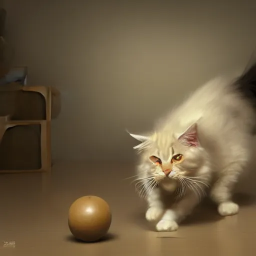 Prompt: cream color maine coon cat chasing a cat-toy-ball in a sunlit bedroom, in style of Ruan Jia, fantasy, trending on art station