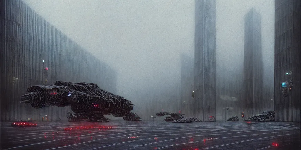 Image similar to matte painting of gigantic huge mech covered with wounds, black, pastel matte colors, staying in the foggy huge parking station, by moebius, hyperrealism, intricate detailed