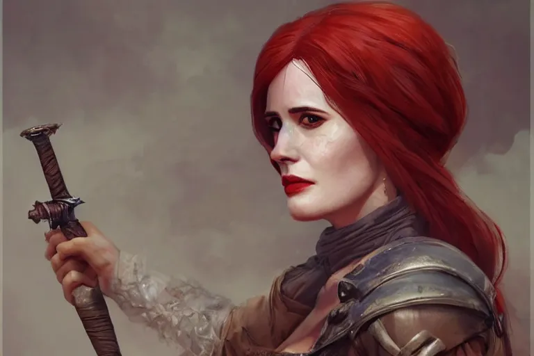 Image similar to A portrait of Eva Green as Triss from the Witcher in her alternative outfit Game by Ruan Jia and Mandy Jurgens and Artgerm and william-adolphe bouguerea, highly detailed, trending on artstation, award winning, H 768