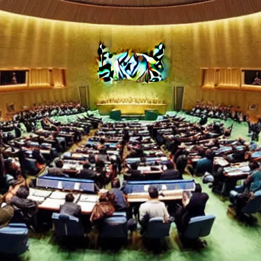 Prompt: the un assembly full of dogs