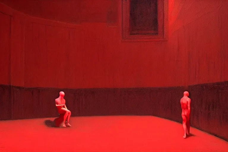 Image similar to only with red, crowd screaming, an exposed painting in a roman theater, in the style of beksinski, parts by edward hopper, parts by rodcenko, parts by yue minjun, intricate and epic composition, red by caravaggio, insanely quality, highly detailed, masterpiece, red light, artstation, 4 k