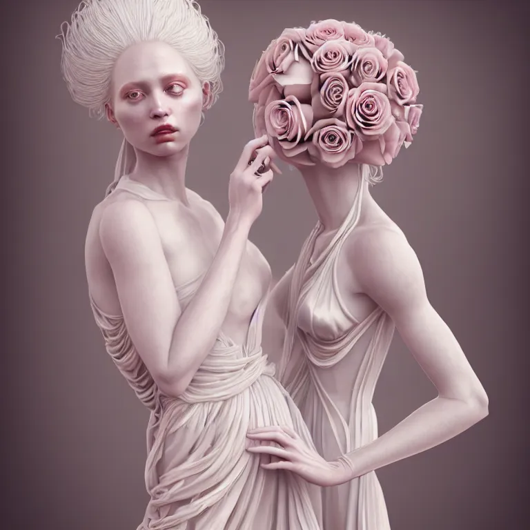 Prompt: neoclassical professional photorealistic closed detailed portrait of a wonderful symmetrical albino goddess dressed with a majestic semi transparent silk pink roses long dress, ornate, intricate, detailed, dramatic light, award winning, octane render, meredit frampton style