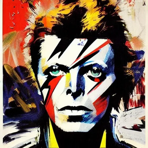 Image similar to David Bowie by Ashley Wood, Yoji Shinkawa, Jamie Hewlett, 60's French movie poster, French Impressionism, vivid colors, palette knife and brush strokes, Dutch tilt