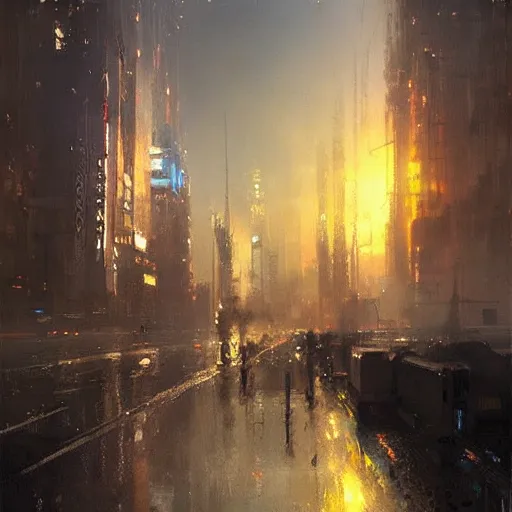 Image similar to beautiful cyberpunk cityscape, sun setting, volumetric clouds, painting by jeremy mann