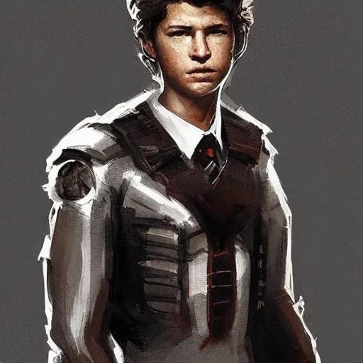 Image similar to portrait of a man by greg rutkowski, he looks like tye sheridan, he is about 2 0 years old, messy brown hair, tired eyes, he is wearing a black and white keblar superhero suit, highly detailed portrait, digital painting, artstation, concept art, smooth, sharp foccus ilustration, artstation hq