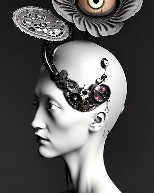 Image similar to black and white dreamy foggy smoky profile face portrait, one silver steampunk eye biomechanical beautiful young female cyclope - cyborg - robot bust, body ribs meshes,, volumetric light, hibiscus flowers, by hg giger, rim light, by dora maar and cecile beaton, big gothic fashion pearl embroidered collar, 8 k