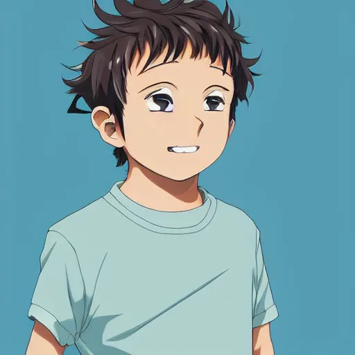 Prompt: A medium shot anime portrait of a young smiling anime boy child with extremely short curly wavy light brown hair and blue eyes, buzzed sides, blue-eyed, chubby face, very young, 4yr old, medium shot portrait, wavy and short top hair, his whole head fits in the frame, solid color background, flat anime style shading, head shot, 2d digital drawing by Stanley Artgerm Lau, WLOP, Rossdraws, James Jean, Andrei Riabovitchev, Marc Simonetti, and Sakimi chan, trending on artstation