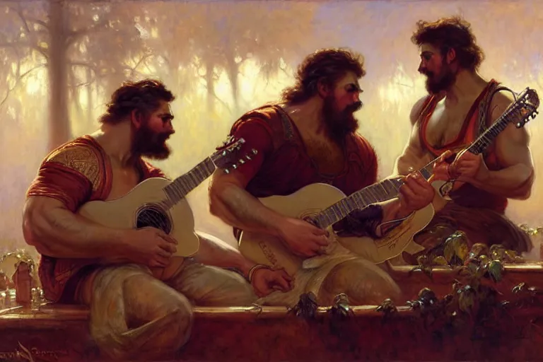 Prompt: 2 beefy attractive men playing music, painting by gaston bussiere, craig mullins, greg rutkowski, alphonse mucha