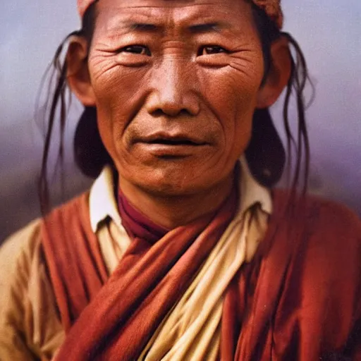 Prompt: ultra realistic vintage photo portrait of a tibetan man with hole spirals in the eyes, by Annie Leibovitz,