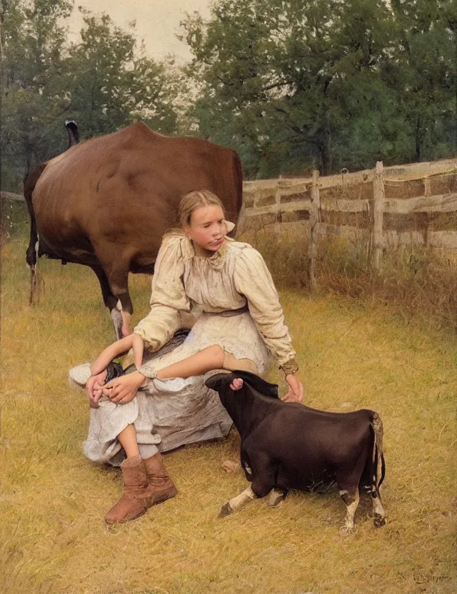 Image similar to portrait of peasant girl petting a cow on a farm, cottage core, polaroid photo bleached vintage pastel colors high - key lighting, soft lights, foggy, by steve hanks, by lisa yuskavage, by serov valentin, by tarkovsky, 8 k render, detailed, oil on canvas