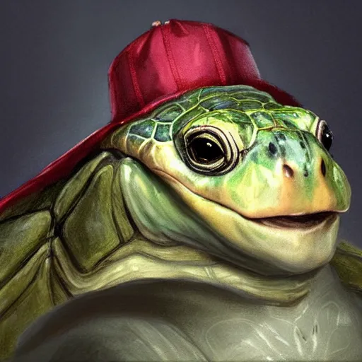 Prompt: regal papal pond turtle wearing a pope hat, D&D, fantasy, portrait, highly detailed, digital painting, trending on artstation, concept art, sharp focus, illustration, art by artgerm, greg rutkowski and magali villeneuve #pope francis #red ear slider turtle #vatican