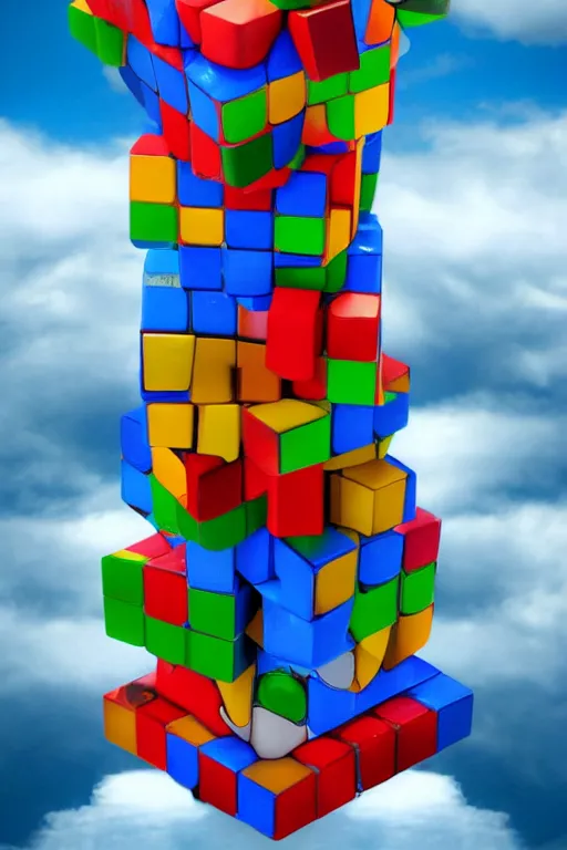 Image similar to an elaborate surreal tower of Rubik's cubes rising into the clouds, concept art, 4k