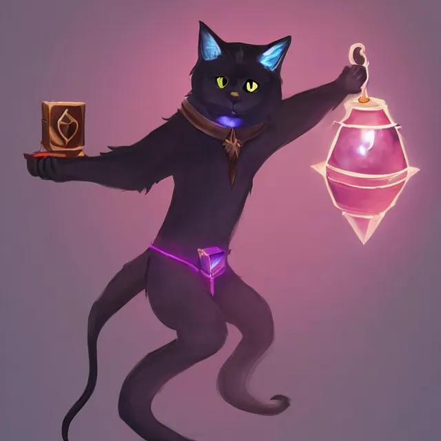 Image similar to a black cat tabaxi sorcerer holding a glowing crystal, character concept, artstation, stylized