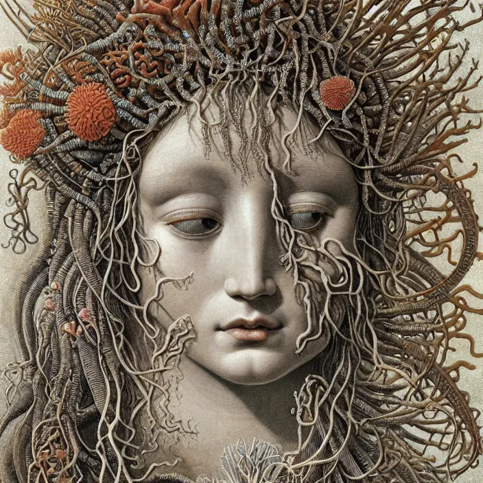 Image similar to realistic detailed face portrait of the goddess of the deep waters with an intricate headdress of corals, sea kelp, sea plants, fish, jellyfish, art by ernst haeckel, archimboldo, face in focus, neo - gothic, gothic,