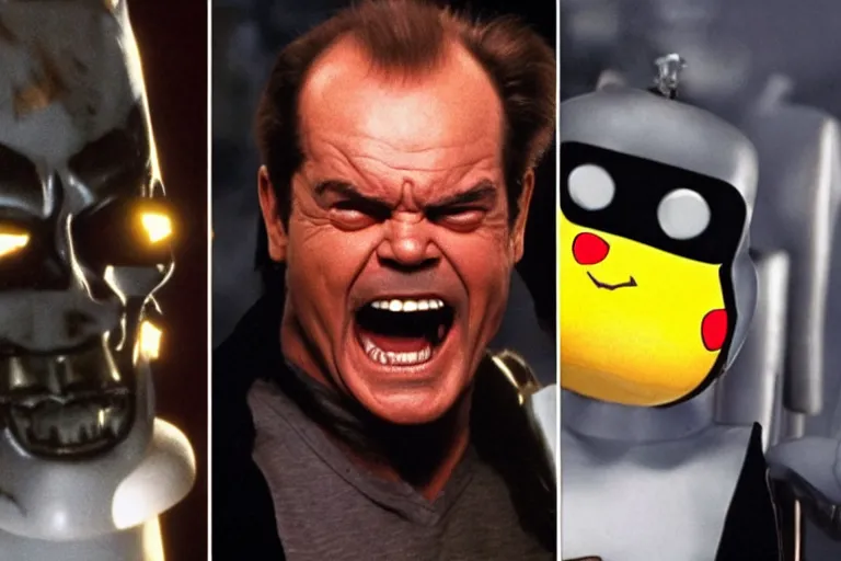 Image similar to Jack Nicholson plays Pikachu Terminator, Terminator's endoskeleton is exposed and his eye glows red, film finale