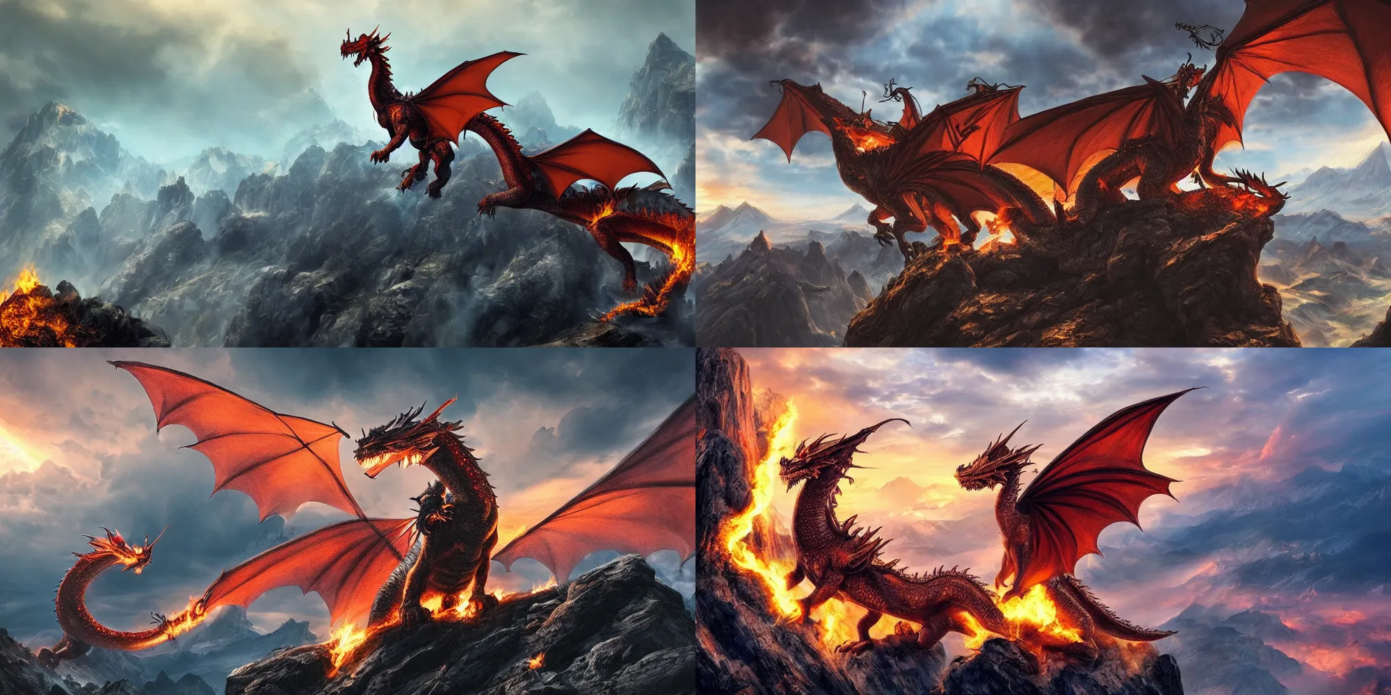 Prompt: A fire breathing dragon on the top of a mountain, epic composition, detailed and intricate image, cinematic,