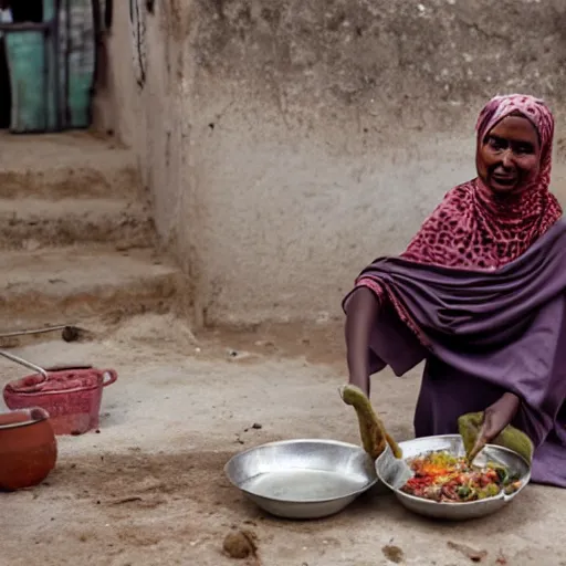 Prompt: a woman cooking in somalia