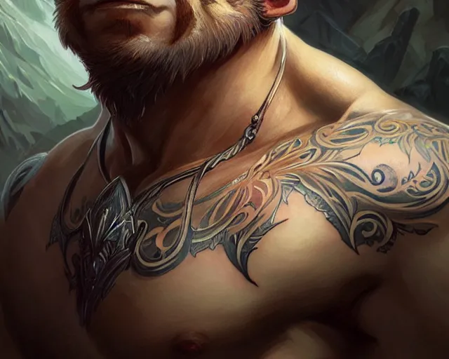 Image similar to chest tattoo of a sabretooth, deep focus, d & d, fantasy, intricate, elegant, highly detailed, digital painting, artstation, concept art, matte, sharp focus, illustration, hearthstone, art by artgerm and greg rutkowski and alphonse mucha