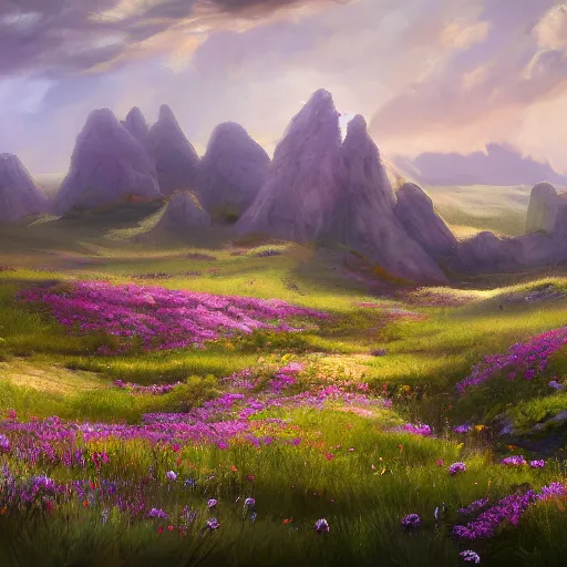 Image similar to a matte painting of a european prairie, patchy flowers and jagged rocks, oil painting, pale colors, high detail, 8 k, wide angle, trending on artstation,