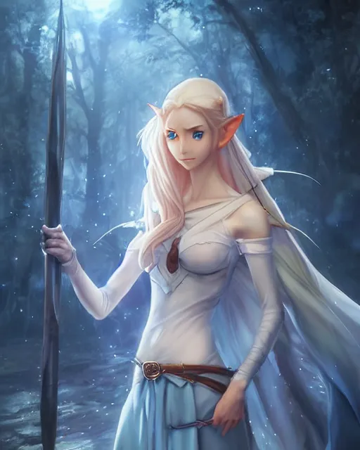 Image similar to an incredibly beautiful female elf from lord of the rings, full shot, atmospheric lighting, detailed face, one piece style, by makoto shinkai, stanley artgerm lau, wlop, rossdraws