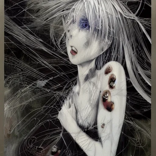 Image similar to Yoshitaka Amano realistic illustration of an anime girl with white hair and cracks on her face wearing dress suit with tie fluttering in the wind, abstract black and white patterns on the background, noisy film grain effect, highly detailed, Renaissance oil painting, weird portrait angle