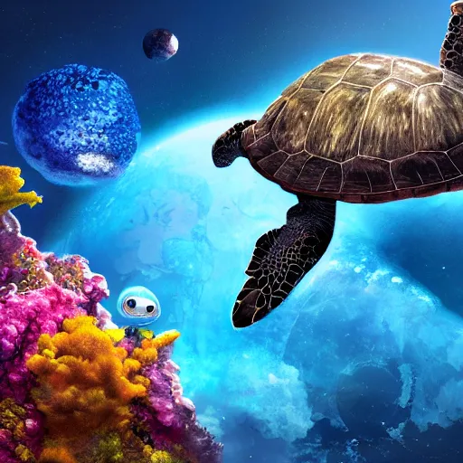 Prompt: giant turtle in space, giant turtle inside water, turtle glacier, 3 d render, high quality image, turtle world, waterbodies, soft, concept art, intricate details, highly detailed, colorful, photorealistic, disney pixar, octane render, iridescent, anime, 8 k