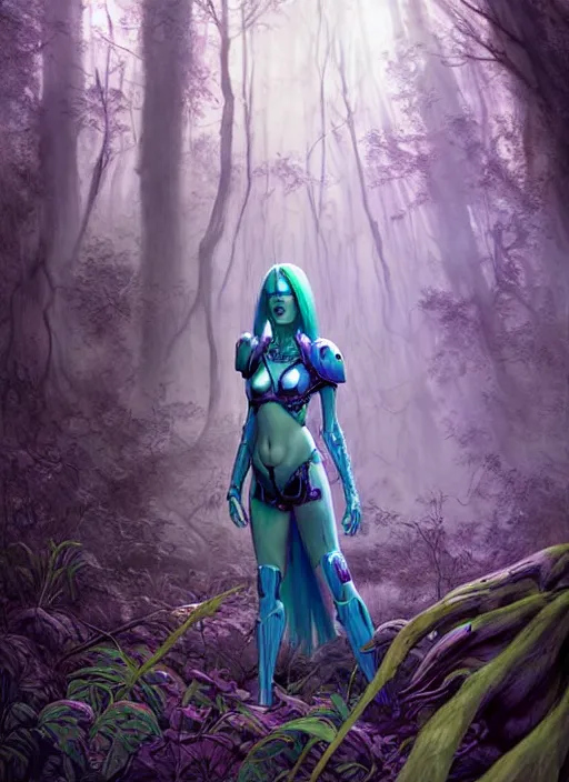 Prompt: hyper realistic pale woman with purple hair in sci - fi cybernetic armor, sylvanas windrunner in the woods in a river gorgeous lighting, lush forest foliage blue sky a hyper realistic ink drawing by chiara bautista and beksinski and norman rockwell and greg rutkowski, tom bagshaw weta studio, and lucasfilm