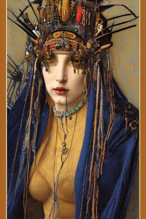 Image similar to portrait of the queen of crows, by Donato Giancola and John Bauer and John William Godward and Vermeer, embroidered velvet, iridescent beetles, rich color, ornate headdress, flowing robes, lost runes, ancient civilizations,featured on Artstation, cgisociety, unreal engine, extremely detailed