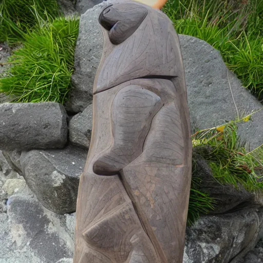 Image similar to bear on a sup, paddleboard, in the style of soapstone carving, in the inuit style,