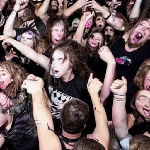 Prompt: a heard of cats in a mosh pit at a metal concert