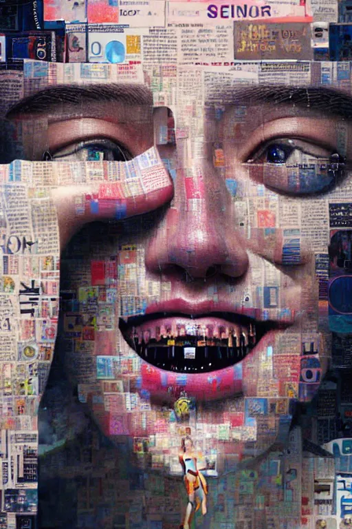 Image similar to 3 d, close - up, smiling fashion model, newspaper, tears, poster art, intricate oil painting, high detail, figurative art, multiple exposure, poster art, 3 d, by stanley kubrick and tooth wu and wlop and beeple