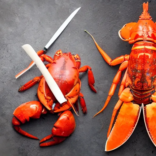 Image similar to human sized humanoid lobster sharpening a carrot
