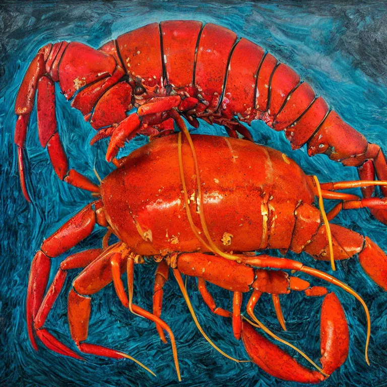 Image similar to Hyperrealistic intensely colored Studio wet collodion Photograph portrait of a deep sea Maine Lobster with large claws deep underwater in darkness long exposure, award-winning nature deep sea expressionistic impasto heavy brushstrokes oil painting by Fabian Marcaccio and Jean Dubuffet and Audubon vivid colors hyperrealism 8k