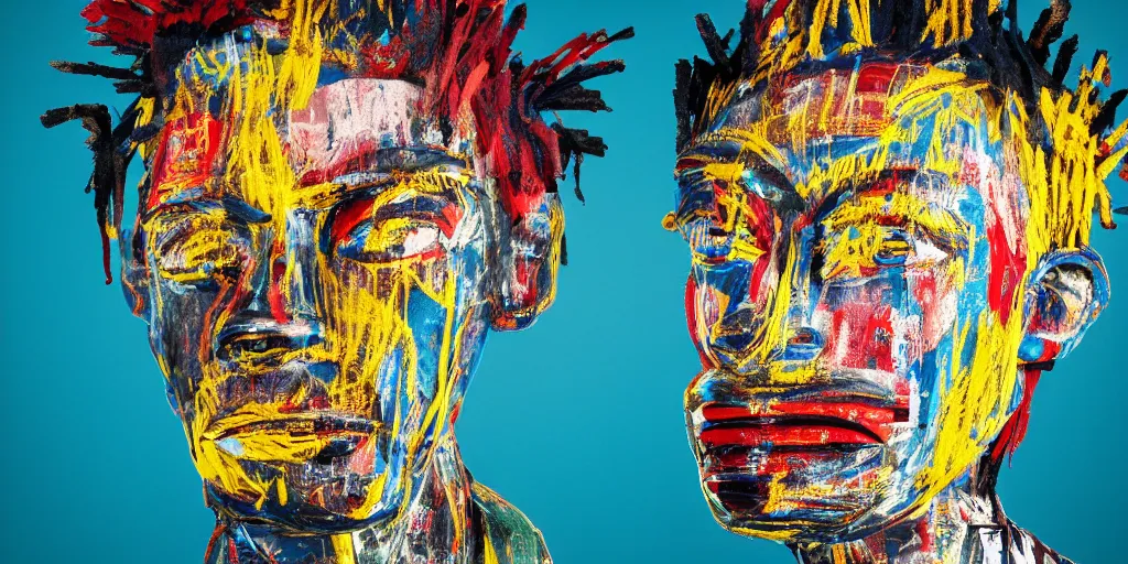 Image similar to a perfect bust of Jean-Michel Basquiat made out of crumpled colored foil, 3D cinematic lighting, spotlight at a 90 DEGREE ANGLE, photorealism, octane render, depth of field, 8k, 35mm, artgem, Trending on artstation