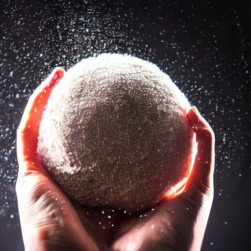 Prompt: closeup photo of a dough ball spinning in the air between two hands, dough ball is suspended in the air, hovering over a black marble bench, flour dust flying, live fire on black background, backlight, dramatic lighting, vibrant colors, sony alpha a6400, studio photography