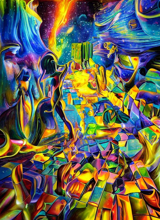 Prompt: an extremely high quality hd detailed ultra-realistic photorealistic surrealism render of neon cast glass facial cubism figures melting into a warm picasso galaxy landscape by dali and zaha hadid, vivid colors, complimentary colors, melting sun, melting 4d cubes, hallway landscape, 8k, hd, high quality, high contrast