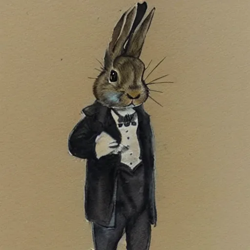 Image similar to a rabbit dressed as sherlock holmes, watercolour realism