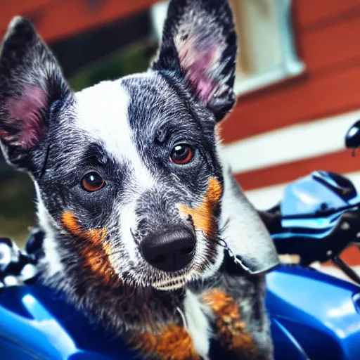 Image similar to blue heeler dog on a motorcycle, 8 k photography, blurred background of a wafflehouse