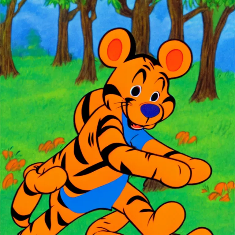 Prompt: disney tigger cartoon, tigger running through the woods, vibrant colors