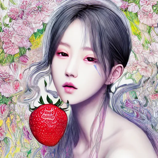 Image similar to the portrait of an absurdly beautiful, graceful, elegant, sophisticated, fashionable young kpop idol made of strawberries and white petals, an ultrafine hyperdetailed illustration by kim jung gi, irakli nadar, intricate linework, bright colors, octopath traveler, final fantasy, unreal engine 5 highly rendered, global illumination, radiant light, detailed and intricate environment