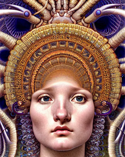 Prompt: hyperrealistic detailed face portrait of the beautiful goddess of the giant isopods with an intricate golden ornamental geometrical fractal giant isopod headdress, art by ernst haeckel, john william godward, android jones, alphonso mucha, h. r. giger, gothic - cyberpunk, ornamental, dimmed pastel colours,