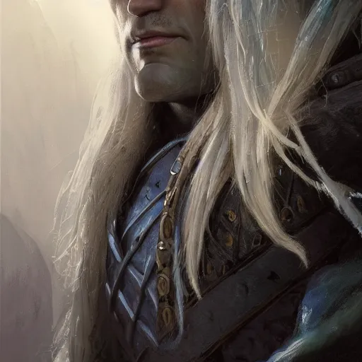 Image similar to closeup portrait of drizzt do'urden, drow elf, dungeons and dragons character, castle background, gorgeous view, realistic, high detail, digital art, painted by greg rutkowski, painted by jeremy mann, trending on artstation