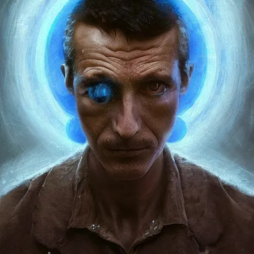 Image similar to surreal portrait of a man by Greg Rutkowski, symmetrical face, he is about 50 years old, short black hair with bangs, his features are a mix between French, Turkish and Russian, transformed into a kind of biomechanical transhuman god, blue glowing eyes, expression of epiphany and determination, cosmic void background, frightening, fascinating, highly detailed portrait, digital painting, book cover, artstation, concept art, smooth, sharp foccus ilustration, Artstation HQ