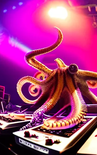 Image similar to award winning photo of an octopus! as a dj with tentacles! simultaneously placed turntables cdjs and knobs of a pioneer dj mixer. sharp, blue and fuschia colorful lighting, in front of a large crowd, studio, medium format, 8 k detail, volumetric lighting, wide angle, at an outdoor psytrance festival main stage at night