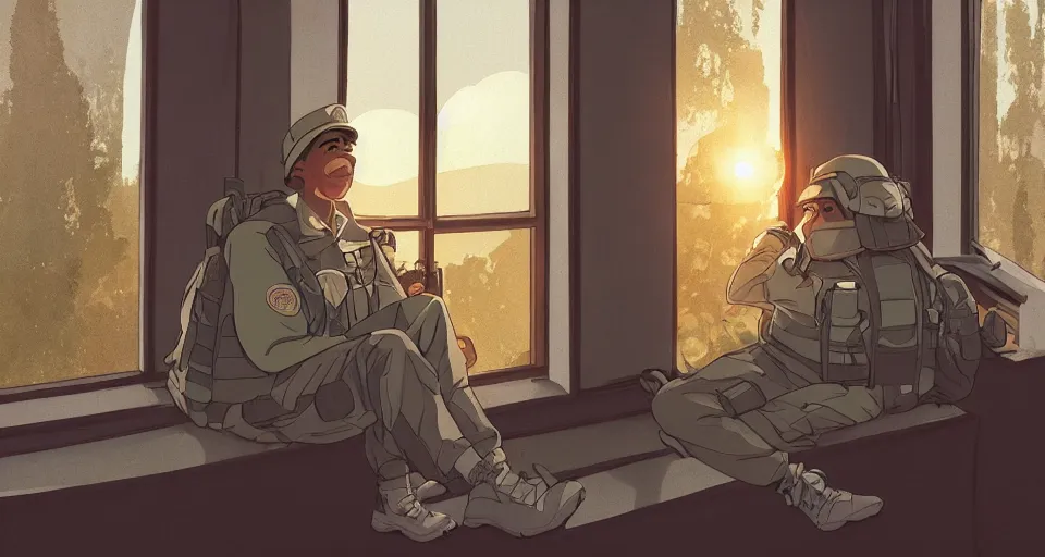 Prompt: a cozy military barack with an overgrown window, studio Ghibli style, golden hour