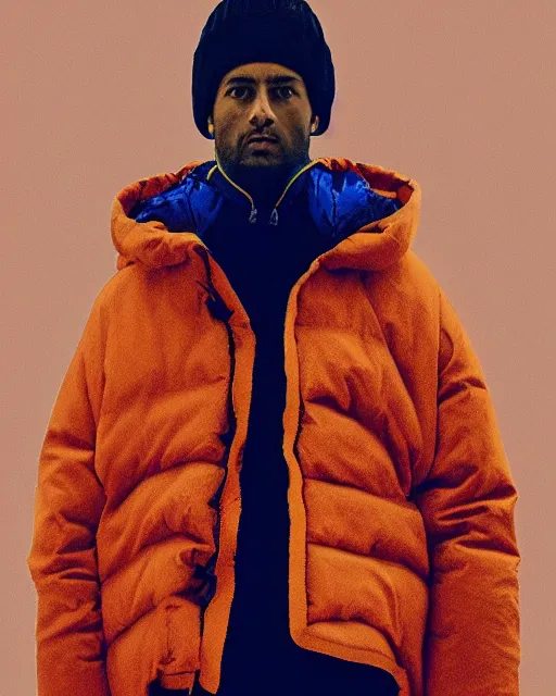 Image similar to a puffy and oversized winter jacket mango fruit jacket, concept, virgil abloh, wes anderson, ilya kuvshinov, photorealistic, artstatio, high fashion, modern