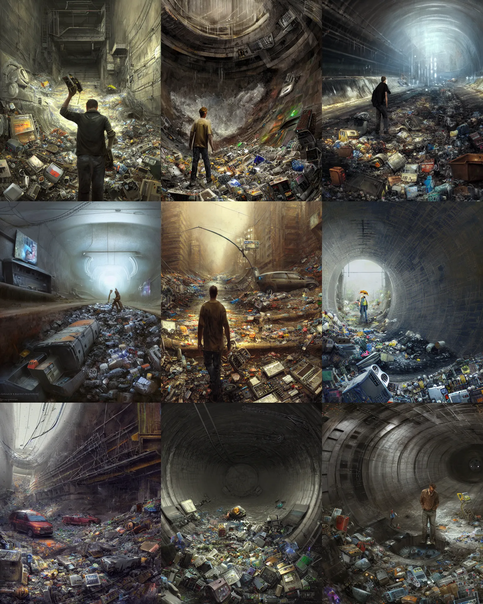 Prompt: craig mullins and james gurney detailed digital painting of someone in a very large underground storm sewer, a massive mountain of electronics as trash in the underground storm sewer, cinematic shot, maximalism, unreal engine, hyper realism, realistic shading, cinematic composition, blender render, octane render, hdr, detailed textures, photorealistic, very wide shot, 1 6 mm lens