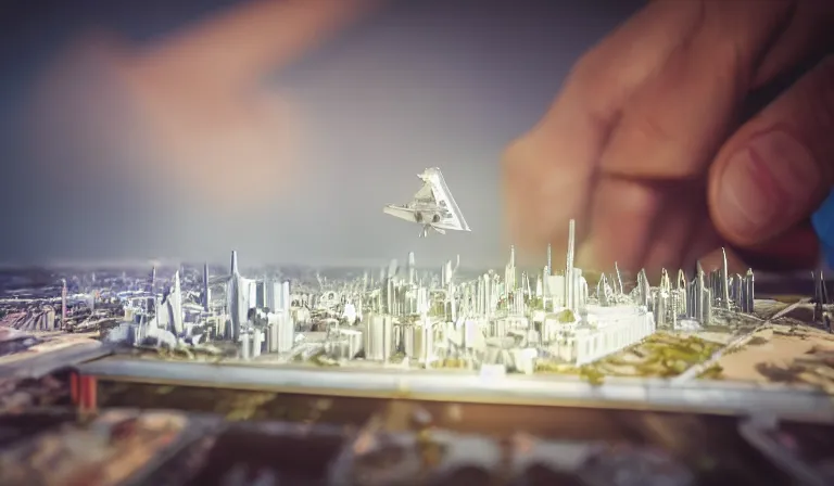 Prompt: crowd of people in simple white museum, looking at hologram of futuristic city on a table, cinematic concept art, godrays, golden hour, natural sunlight, 4 k, clear details, tabletop model buildings, center model buildings, hologram center, crane shot, crane shot, crane shot