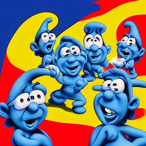 Image similar to the smurfs on the beatles album cover, 8 k resolution hyperdetailed surrealism